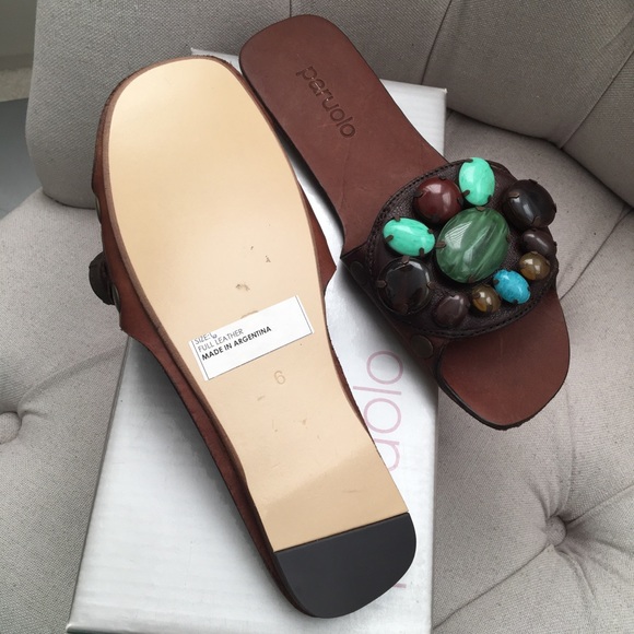 🤎 New Paruolo leather GEM Stones slip on Sandals Flat 6 - Picture 5 of 6